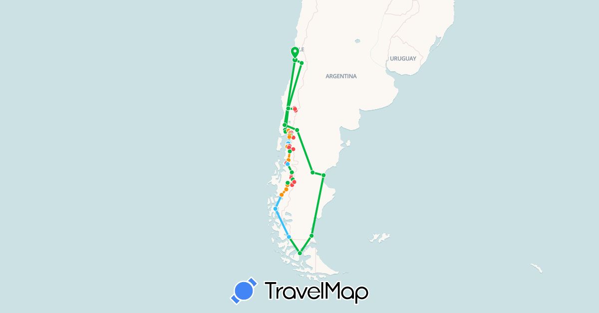 TravelMap itinerary: driving, bus, hiking, boat, hitchhiking in Argentina, Chile (South America)
