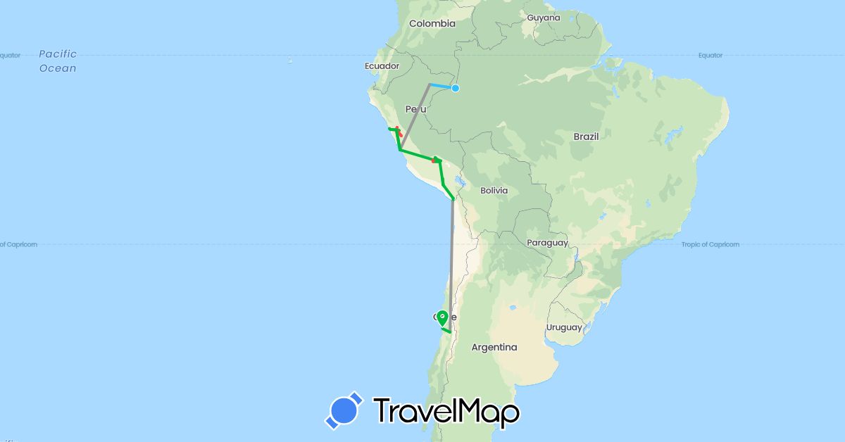 TravelMap itinerary: driving, bus, plane, hiking, boat in Chile, Peru (South America)
